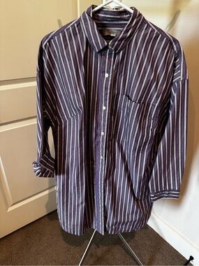 LOFT Purple and White Striped Casual Button-Down Dress